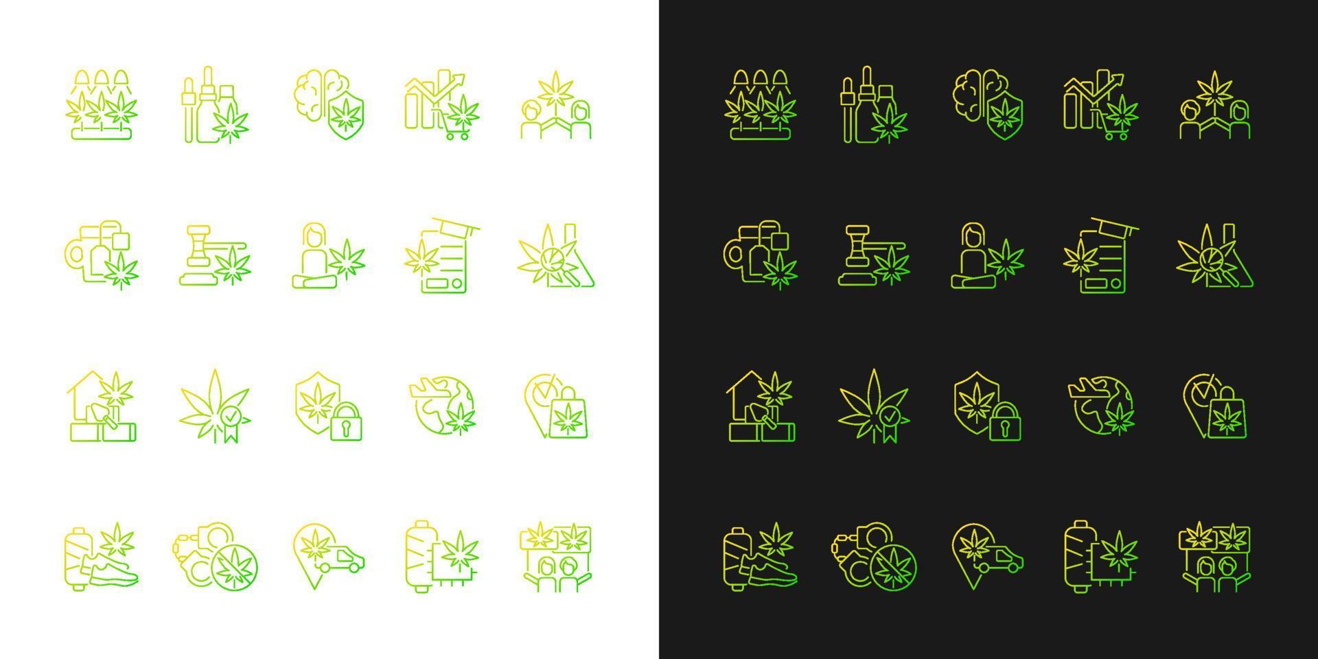 cannabis in het dagelijks leven verlooppictogrammen ingesteld voor donkere en lichte modus. marihuana kweek. dunne lijn contour symbolen bundel. geïsoleerde vector overzicht illustraties collectie op zwart-wit