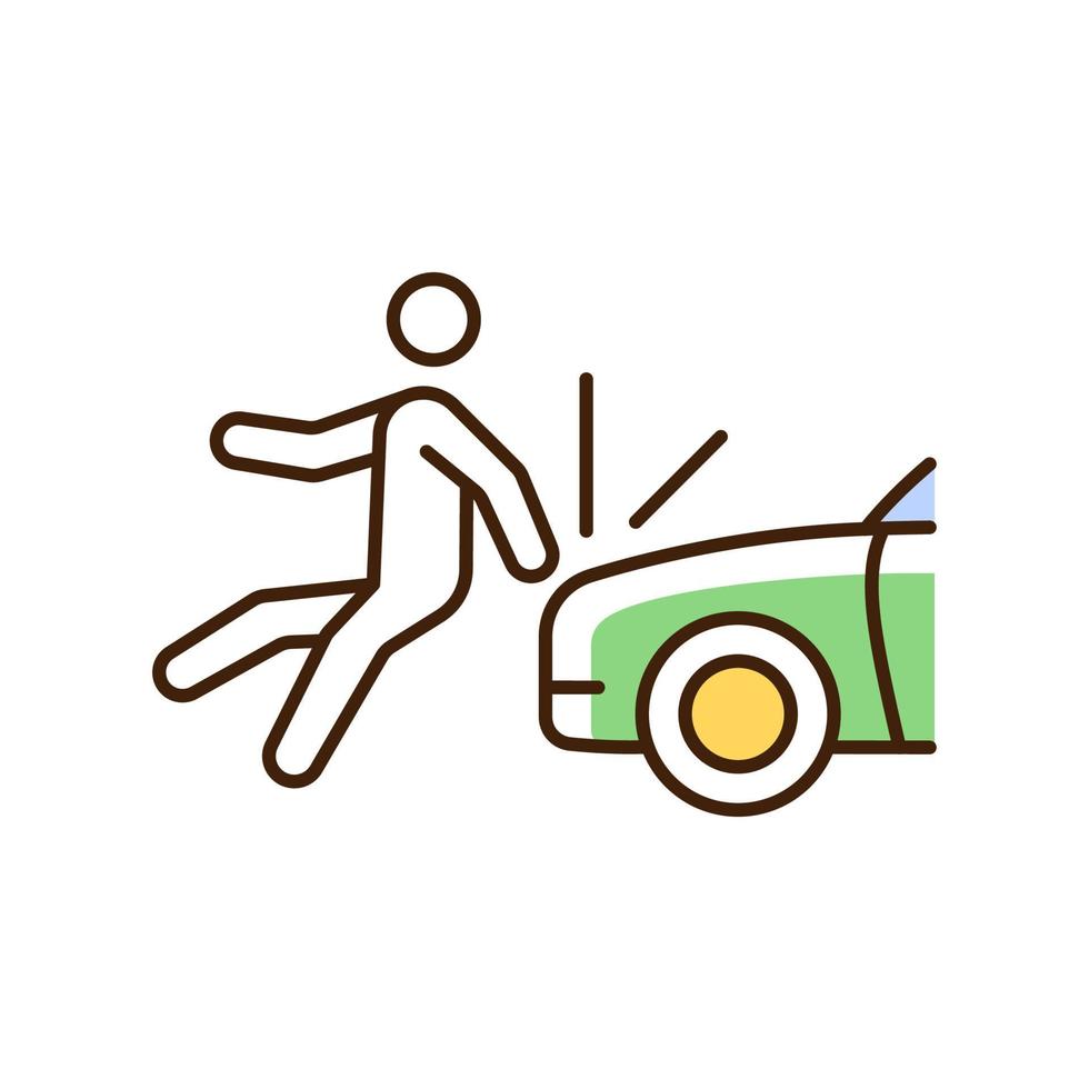 botsing met voetgangers RGB-kleurenpictogram. verkeersongeval. met de auto een rollator aanrijden. risico op letsel bij voetgangers. ongeval met vluchtmisdrijf. geïsoleerde vectorillustratie. eenvoudige gevulde lijntekening vector