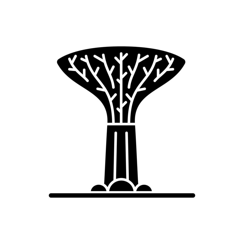 supertree grove zwarte glyph pictogram. boomachtige structuur. herkenbare singaporese attractie. groene ontwikkeling. verticale tuin. silhouet symbool op witte ruimte. vector geïsoleerde illustratie