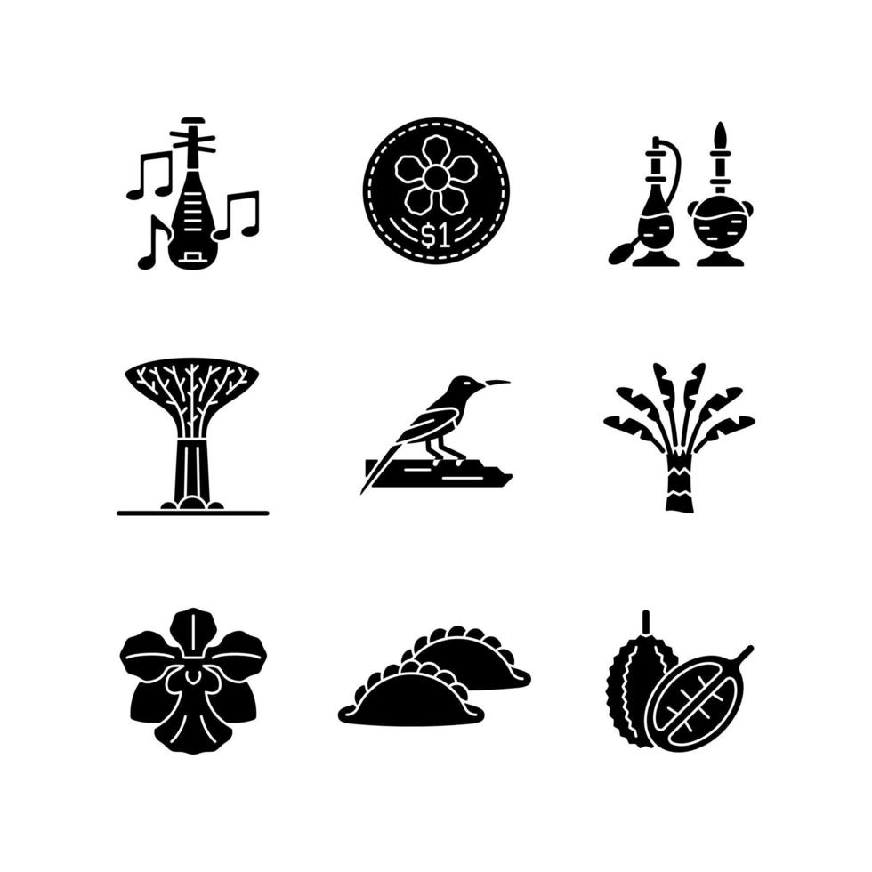 singapore identiteit zwarte glyph pictogrammen instellen op witruimte. inheemse bomen en bloemen. singaporese keuken. volksmuziek. geur product. munt ontwerp. silhouet symbolen. vector geïsoleerde illustratie