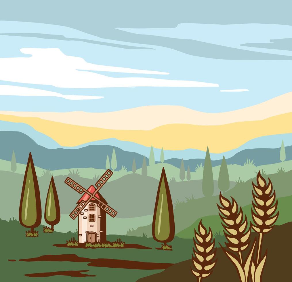 landschap met een molen. platteland molen, oren van tarwe en landbouw velden. kleurrijk horizontaal spandoek. achtergrond voor etiketten, pakketjes of web. vector