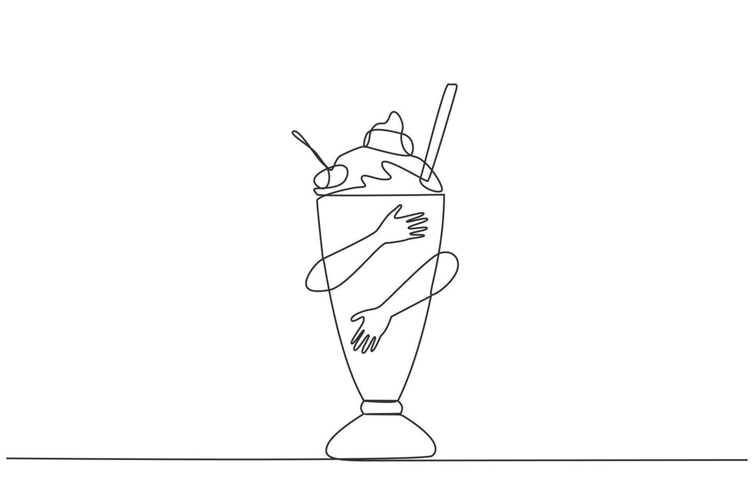 single doorlopend lijn tekening menselijk handen knuffelen milkshake. drankjes gemaakt van vers melk of vers vloeistof melk gemengd met ijs room. chocola is favoriete smaak. een lijn ontwerp illustratie vector