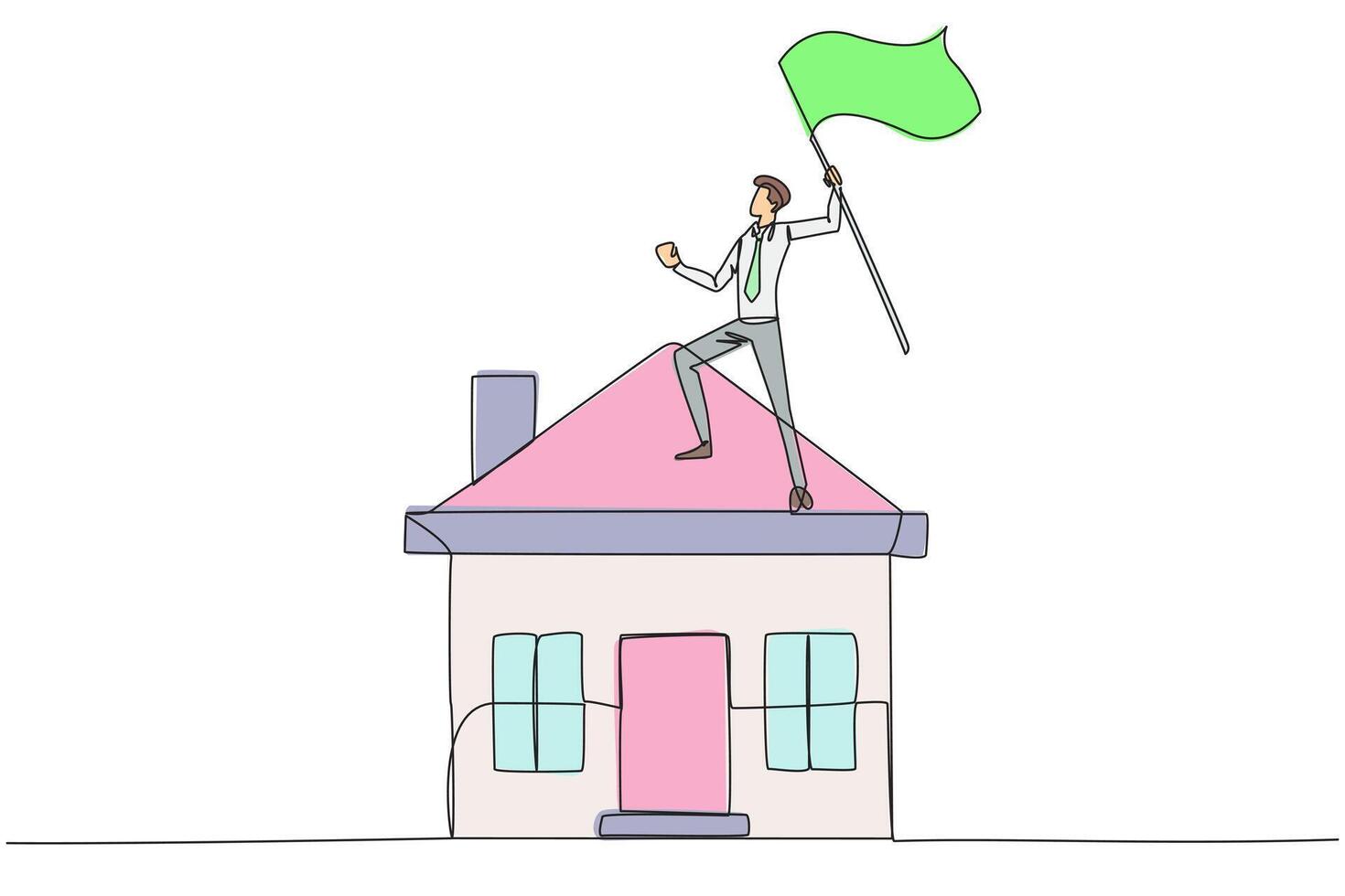 doorlopend een lijn tekening van jong zakenman staand Aan miniatuur huis verhogen vlag. ondernemers wie zijn geslaagd in huis eigendom verdienen een prijs voor zijn bedrijf. single lijn trek vector