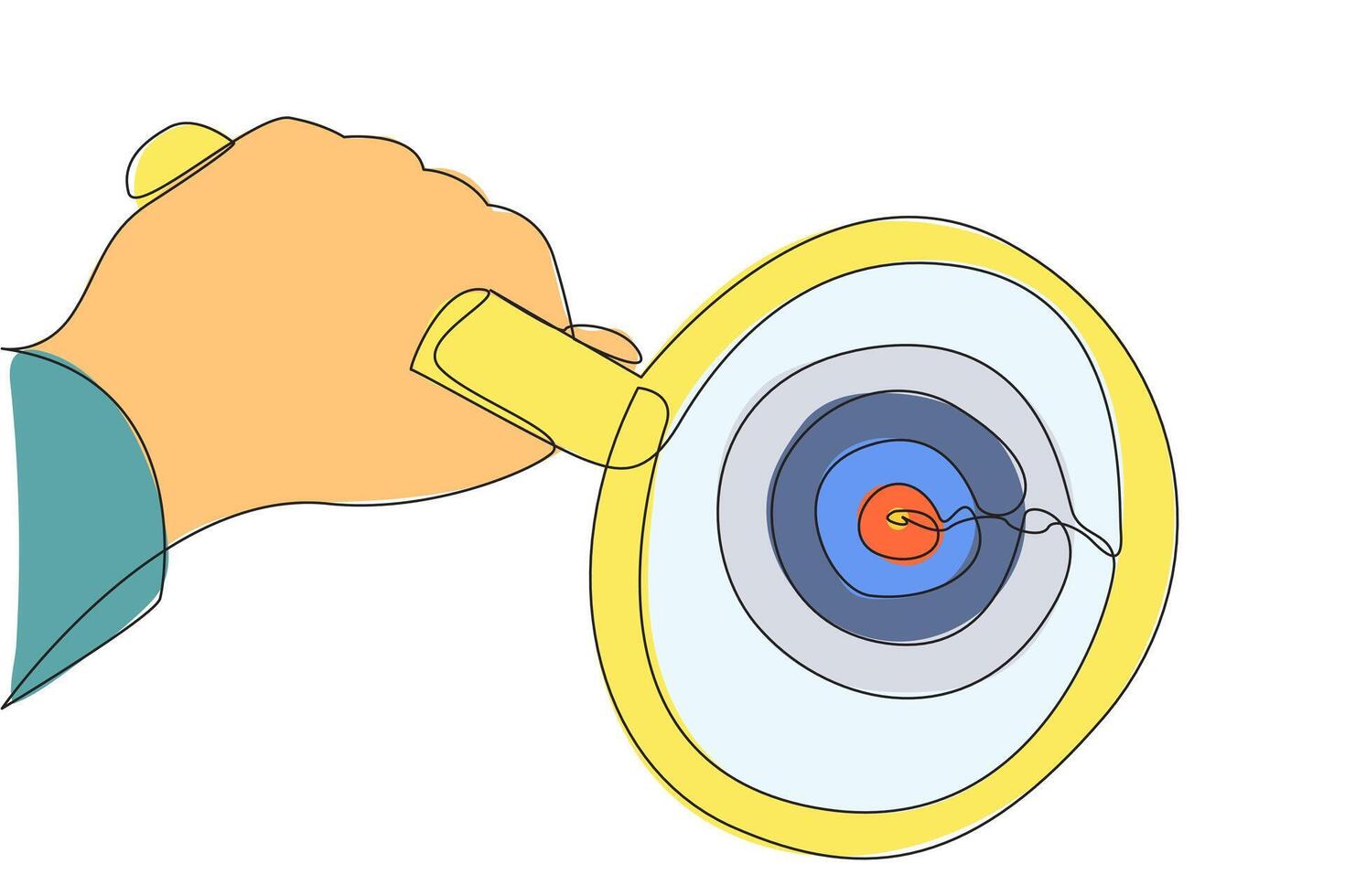 single doorlopend lijn tekening groot hand- Holding vergroten glas highlights de doelwit pijl bord. concepten voor aan het leren focus. achtervolgen de doelwit. stap door stap. een lijn ontwerp illustratie vector