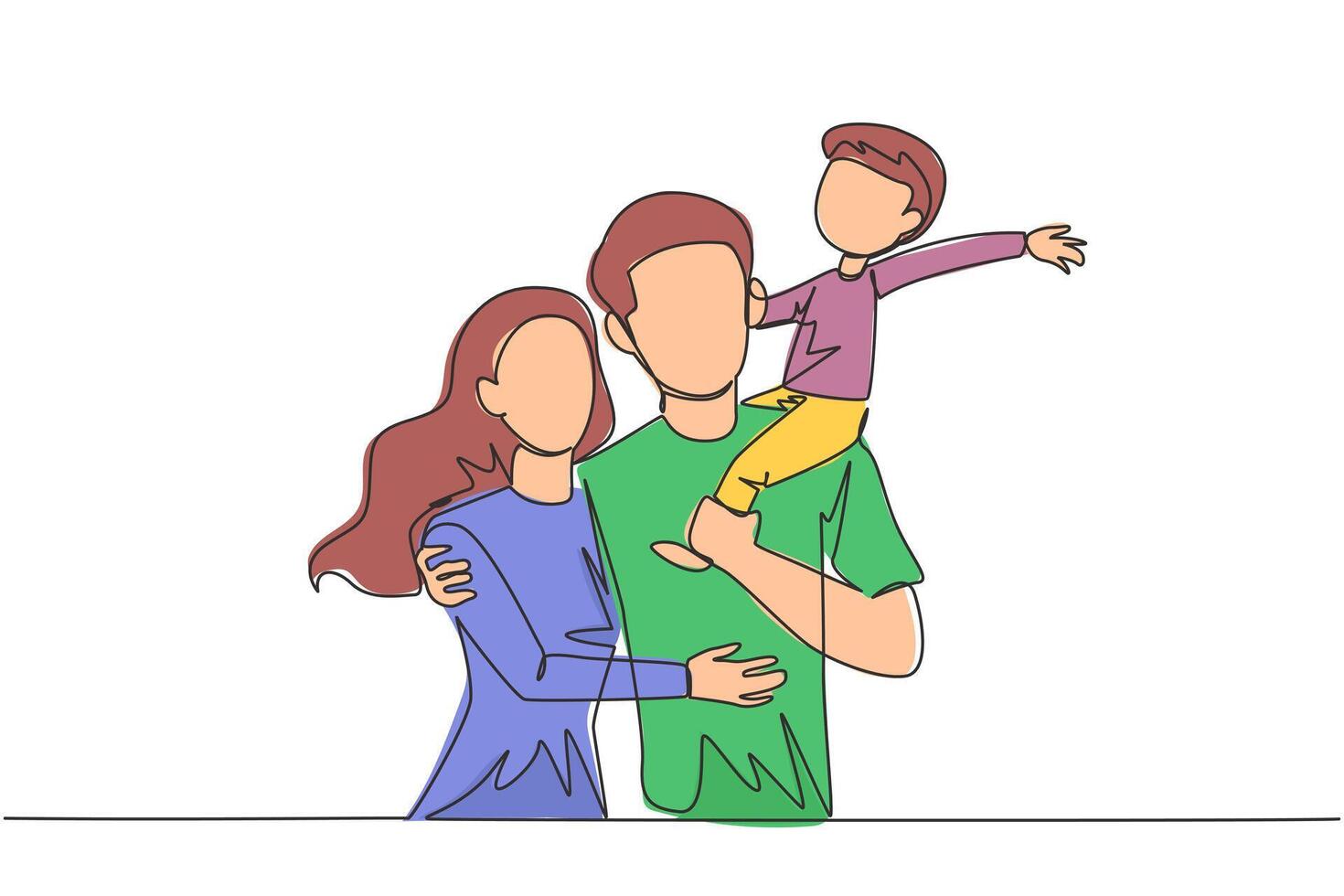 single een lijn tekening van jong vrouw knuffel haar knap man wie is Holding hun weinig schattig zoon. glimlachen paar met kind. gelukkig familie concept. doorlopend lijn ontwerp grafisch illustratie vector