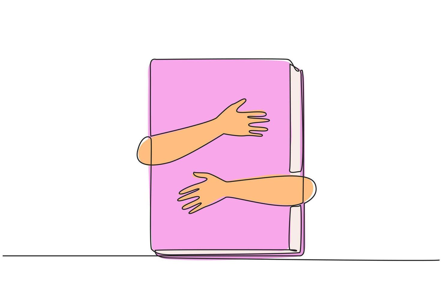 doorlopend een lijn tekening van handen knuffelen boek. lezing boeken kan onderzoeken een nieuw wereld over bedrijf. de meer boeken naar lezen, de meer kennis naar krijgen. single lijn trek ontwerp illustratie vector