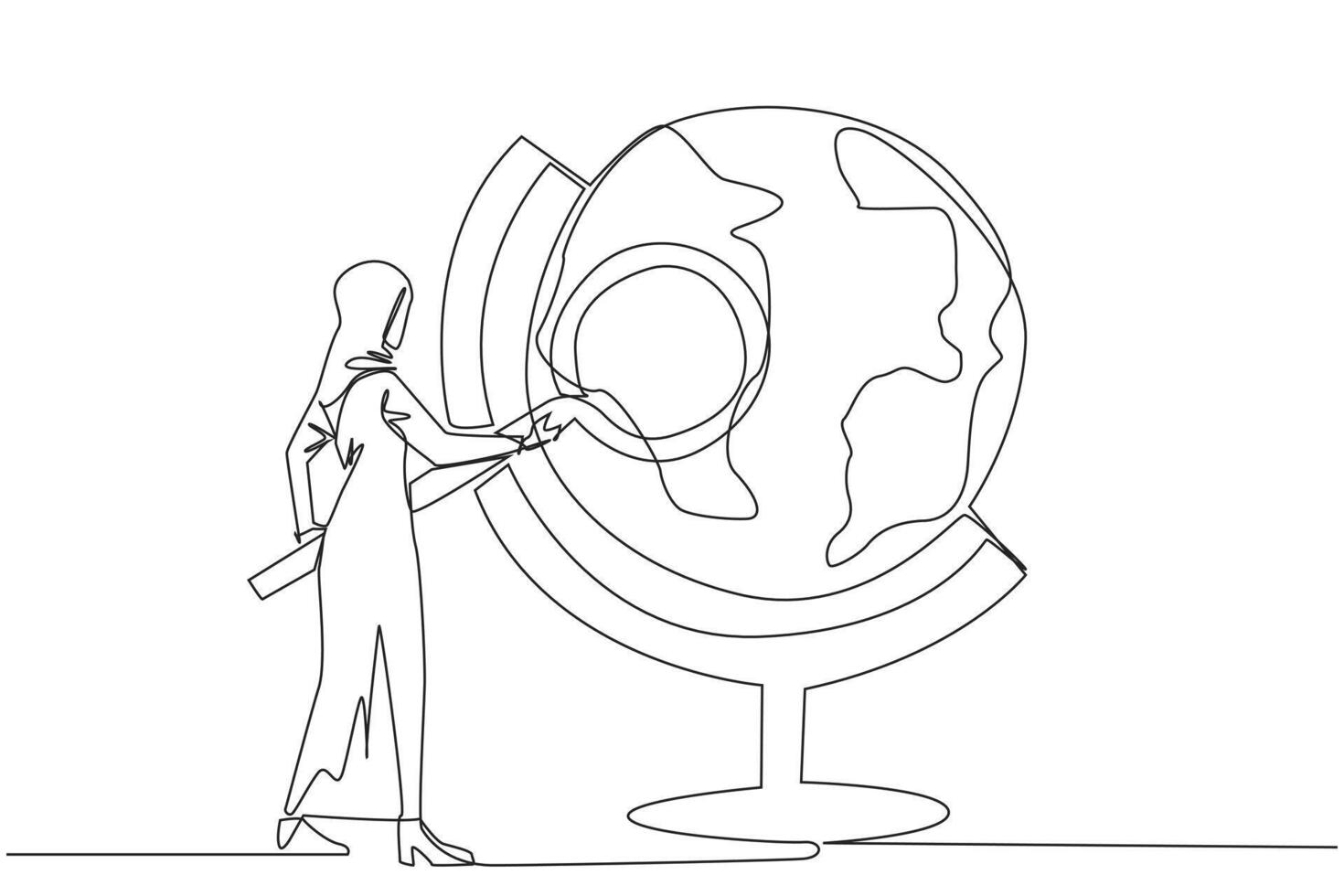 single doorlopend lijn tekening van Arabisch zakenvrouw stond Holding vergrootglas en geïnspecteerd de wereldbol. kaart uit mooi zo gebied naar creëren en ontwikkelen nieuw ondernemingen. een lijn ontwerp illustratie vector