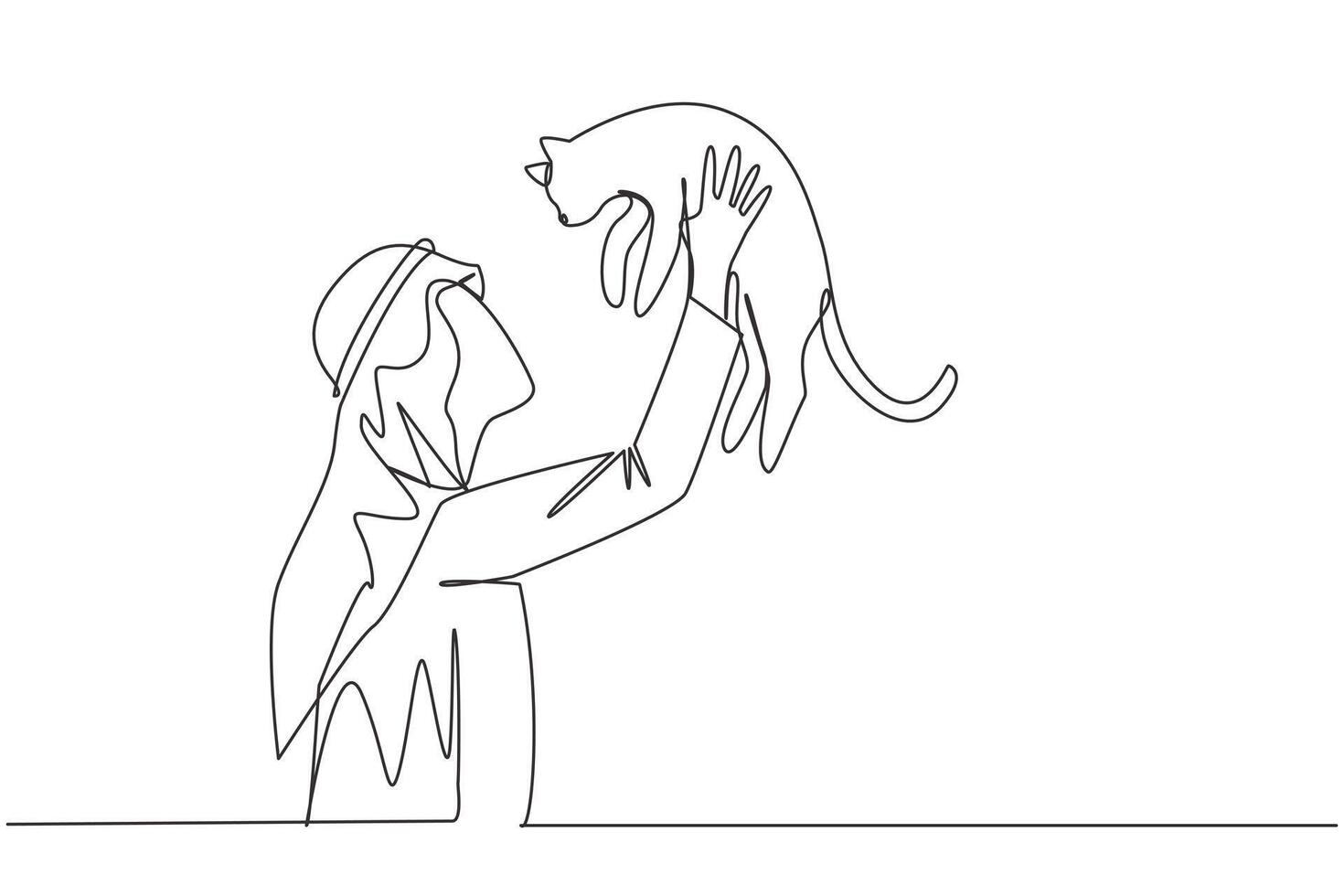 single doorlopend lijn tekening van jong Arabisch Mens Holding zijn weinig kat. mannetje huisdier eigenaar Toneelstukken met een grappig pluizig kat. Arabisch Mens Holding schattig pot. concept van zorgzaam dieren. een lijn ontwerp vector