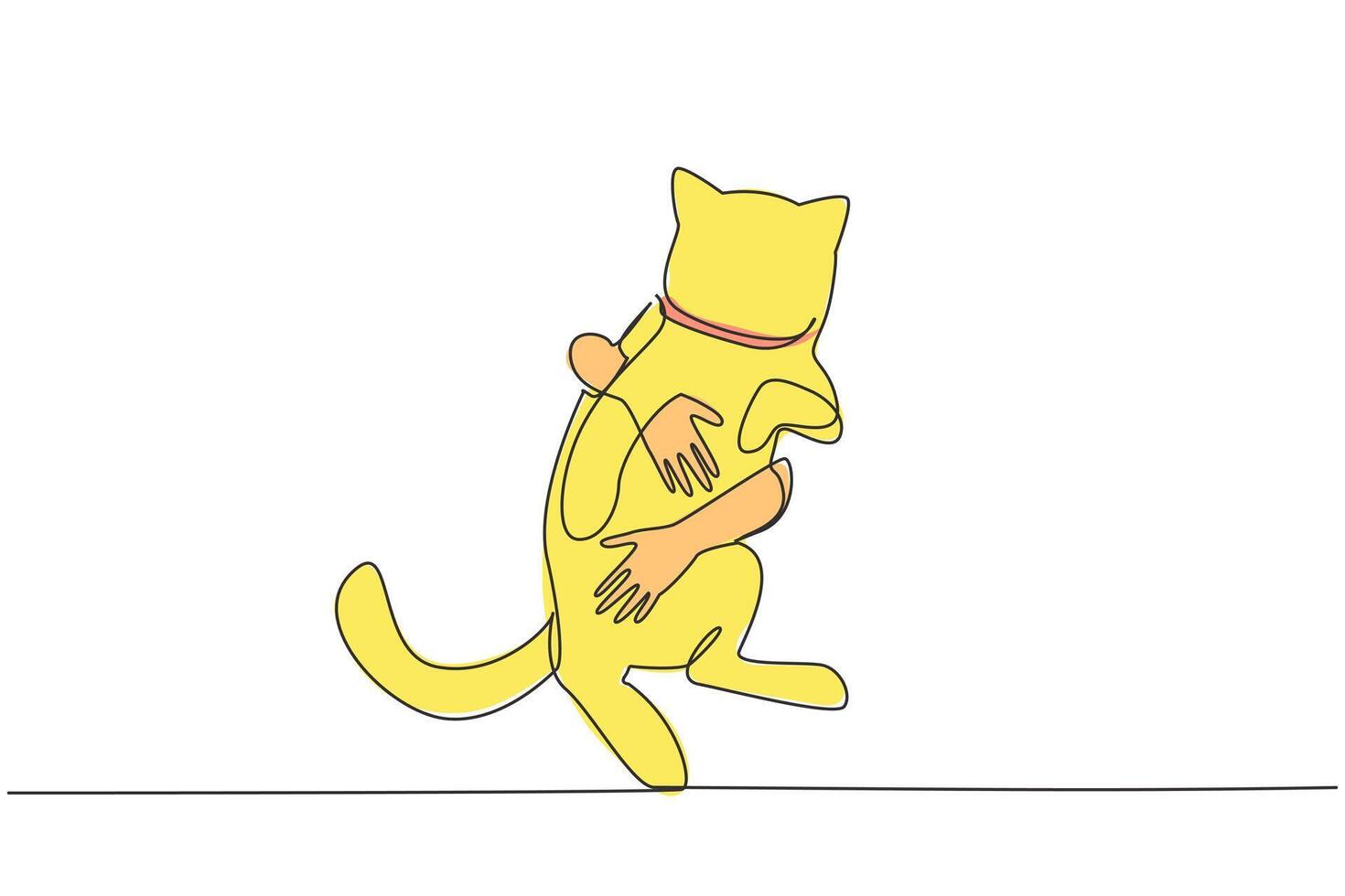 single een lijn tekening van menselijk handen knuffelen een schattig kat. Speel met weinig grappig kat. helpen de dakloos dieren vind een huis. concept van zorgzaam dieren. doorlopend lijn ontwerp grafisch illustratie vector