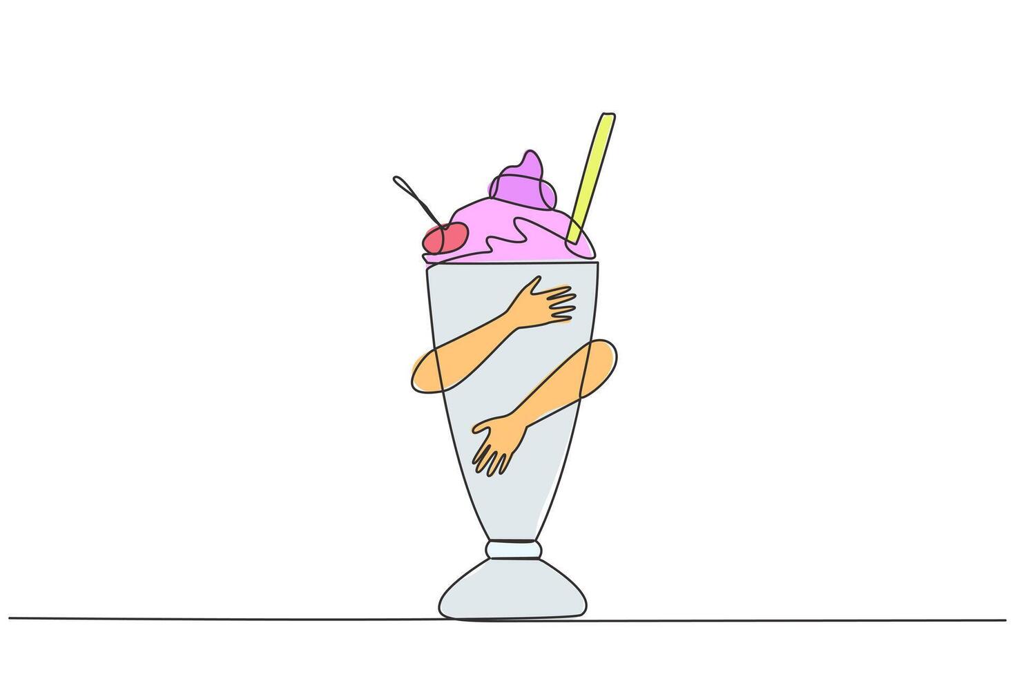 single doorlopend lijn tekening menselijk handen knuffelen milkshake. drankjes gemaakt van vers melk of vers vloeistof melk gemengd met ijs room. chocola is favoriete smaak. een lijn ontwerp illustratie vector