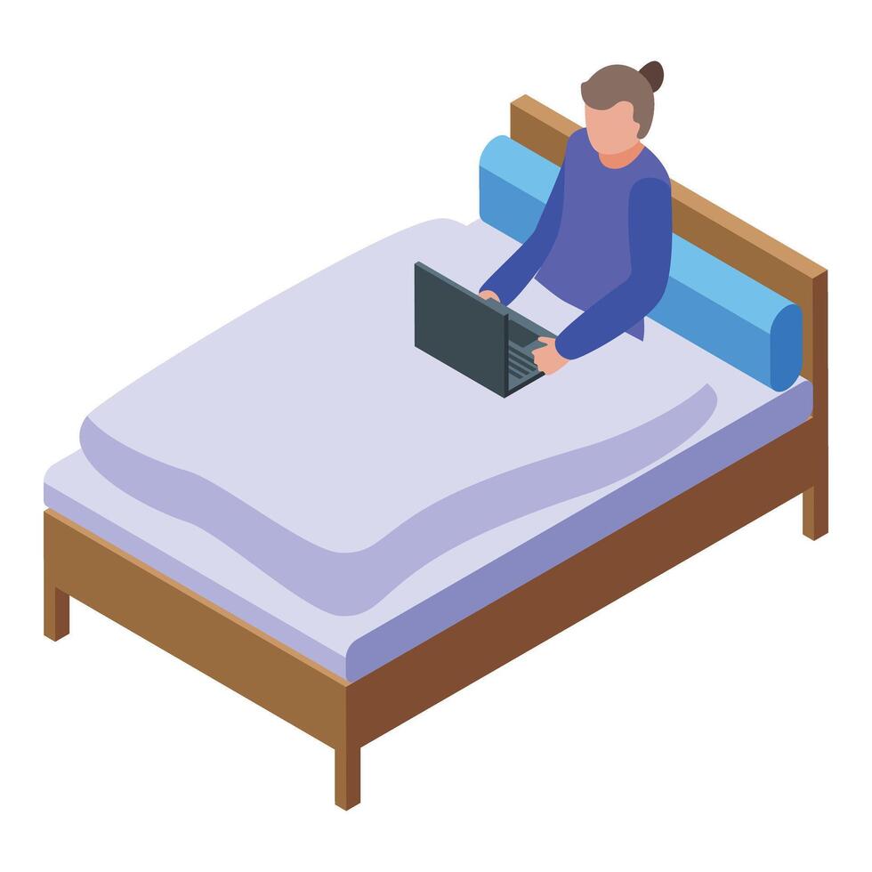 vrouw werken in bed icoon isometrische . laptop creatief vector