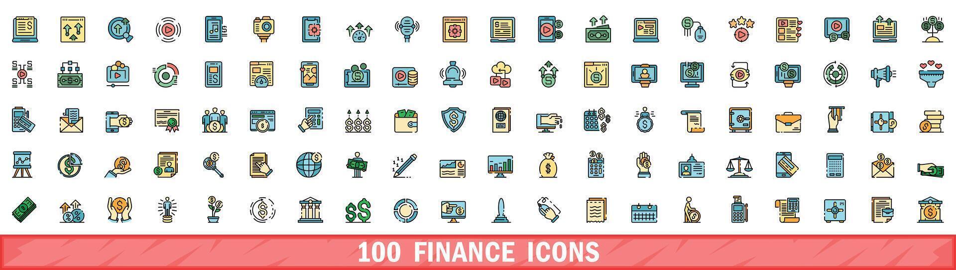 100 financiën pictogrammen set, kleur lijn stijl vector