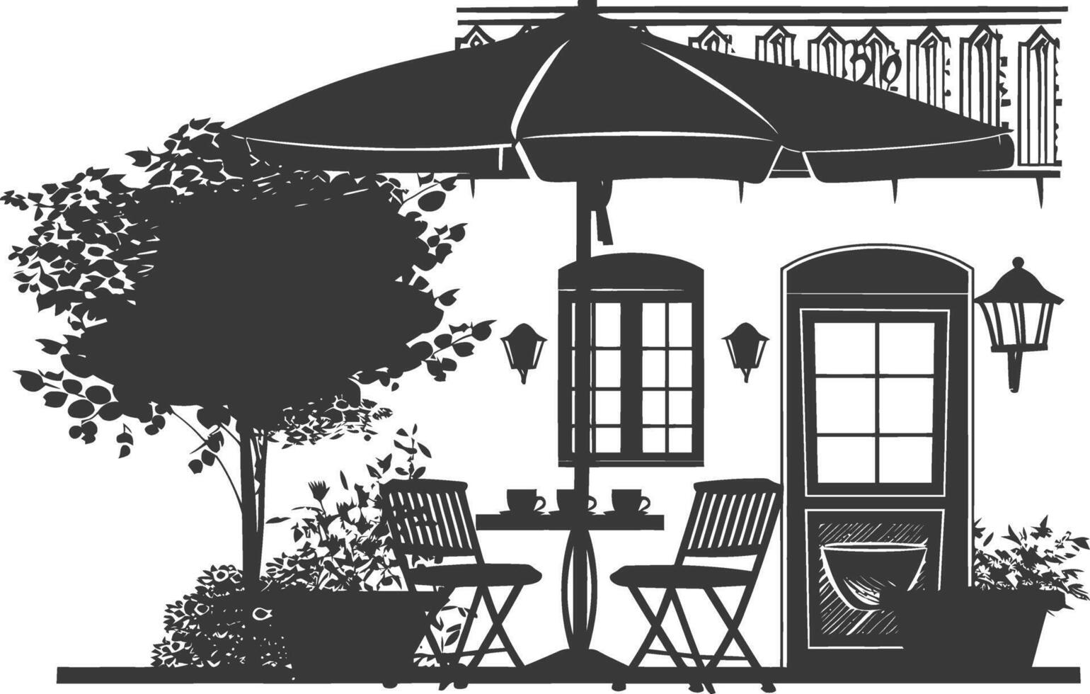 silhouet cafe voorkant werf met paraplu's in de stad zwart kleur enkel en alleen vector