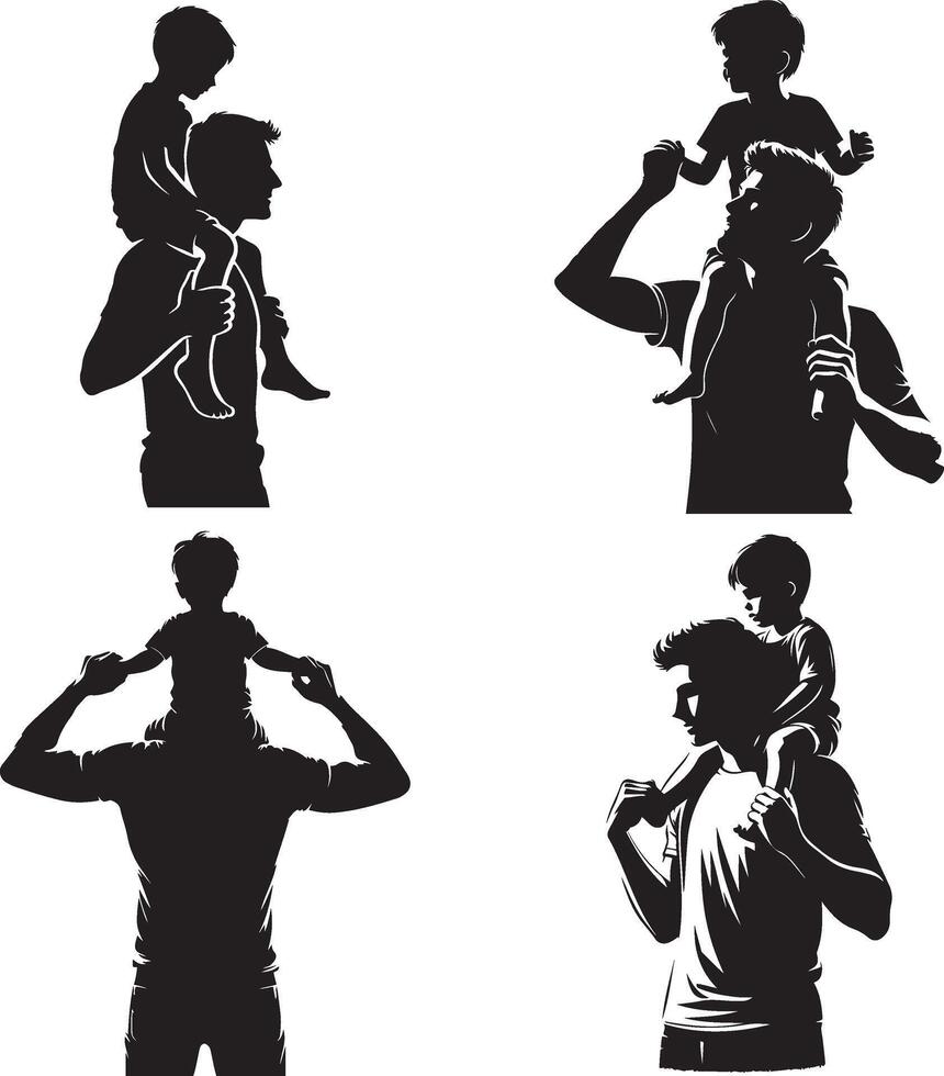 vader Holding zijn kind Aan zijn schouders silhouet set. gelukkig vader dag symbool. illustratie van papa en kind. vader met zijn zoon Aan wit achtergrond. vector
