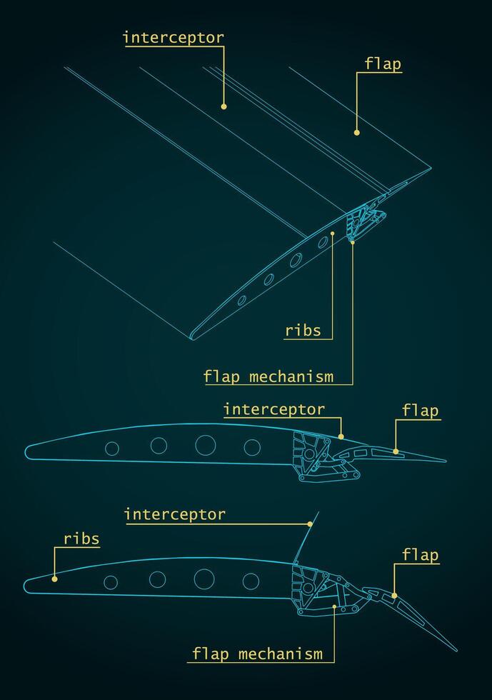 vliegtuig vleugel structuur en kleppen systemen blauwdrukken vector