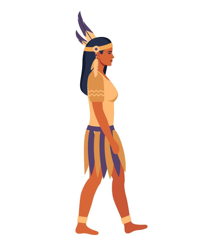 inheems Amerikaans Indisch vrouw in traditioneel kostuum met veren. vector