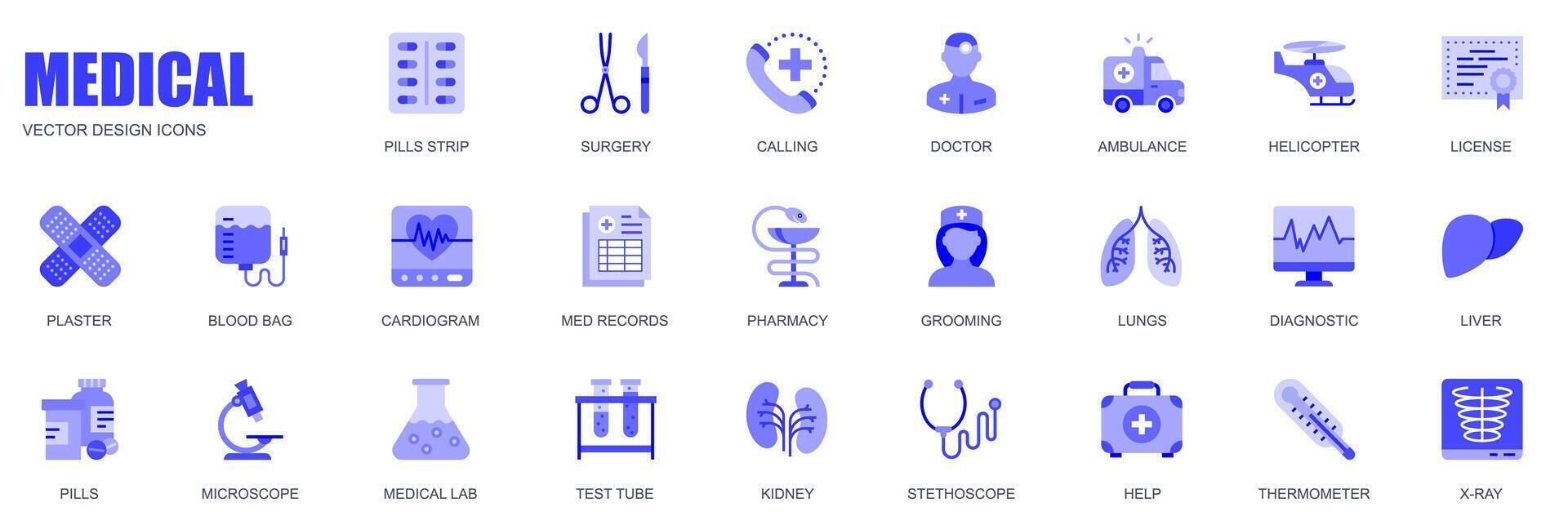 medisch concept van web pictogrammen reeks in gemakkelijk vlak ontwerp. pak van pillen, chirurgie, dokter, ambulance, helikopter, licentie, bloed tas, cardiogram, apotheek en ander. blauw pictogrammen voor mobiel app vector