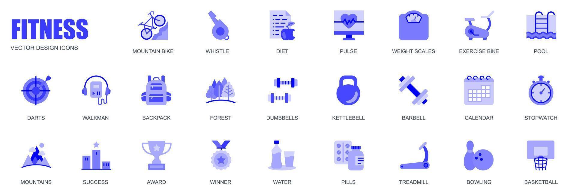 geschiktheid concept van web pictogrammen reeks in gemakkelijk vlak ontwerp. pak van berg fiets, fluit, eetpatroon, pols, gewicht schubben, zwembad, darts, rugzak, halter en ander. blauw pictogrammen voor mobiel app vector