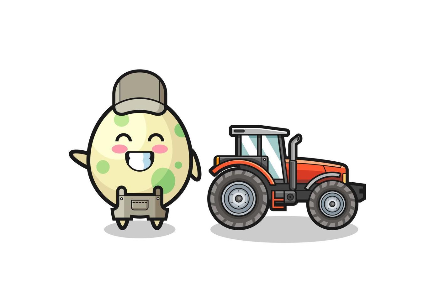 de mascotte van de gevlekte eierboer die naast een tractor staat vector