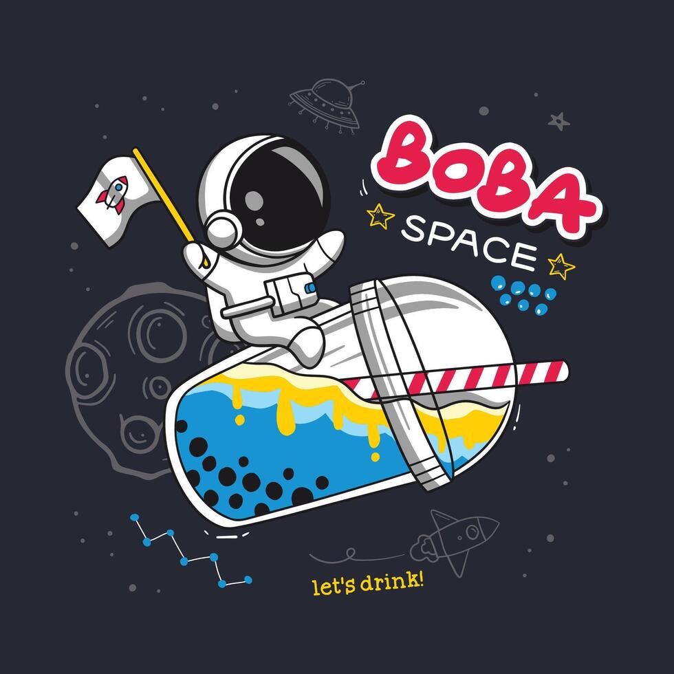 speels illustratie van een astronaut nippen boba thee terwijl drijvend in buitenste ruimte vector