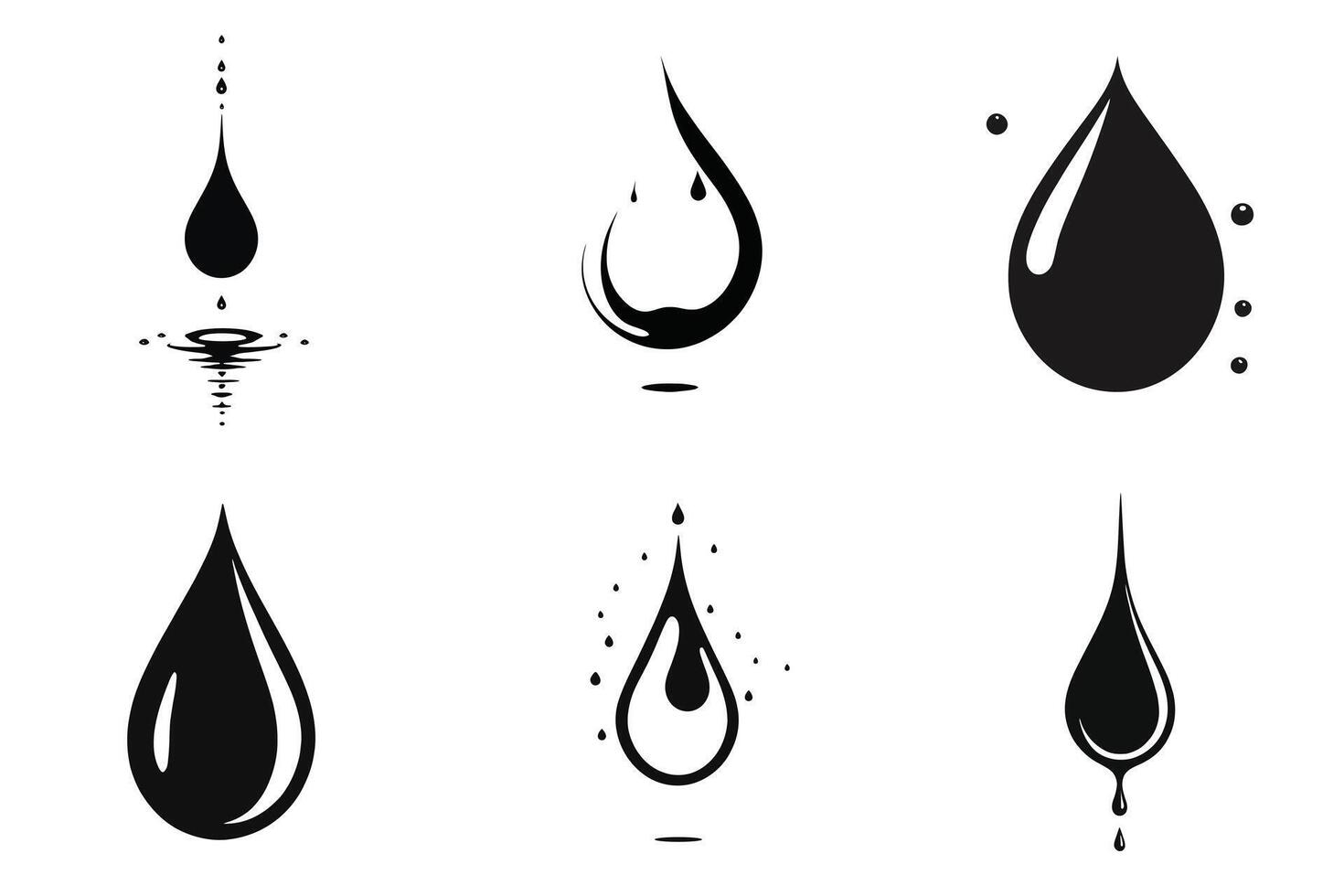 reeks van zes gemakkelijk zwart silhouetten van water druppels geïsoleerd Aan wit achtergrond. vector