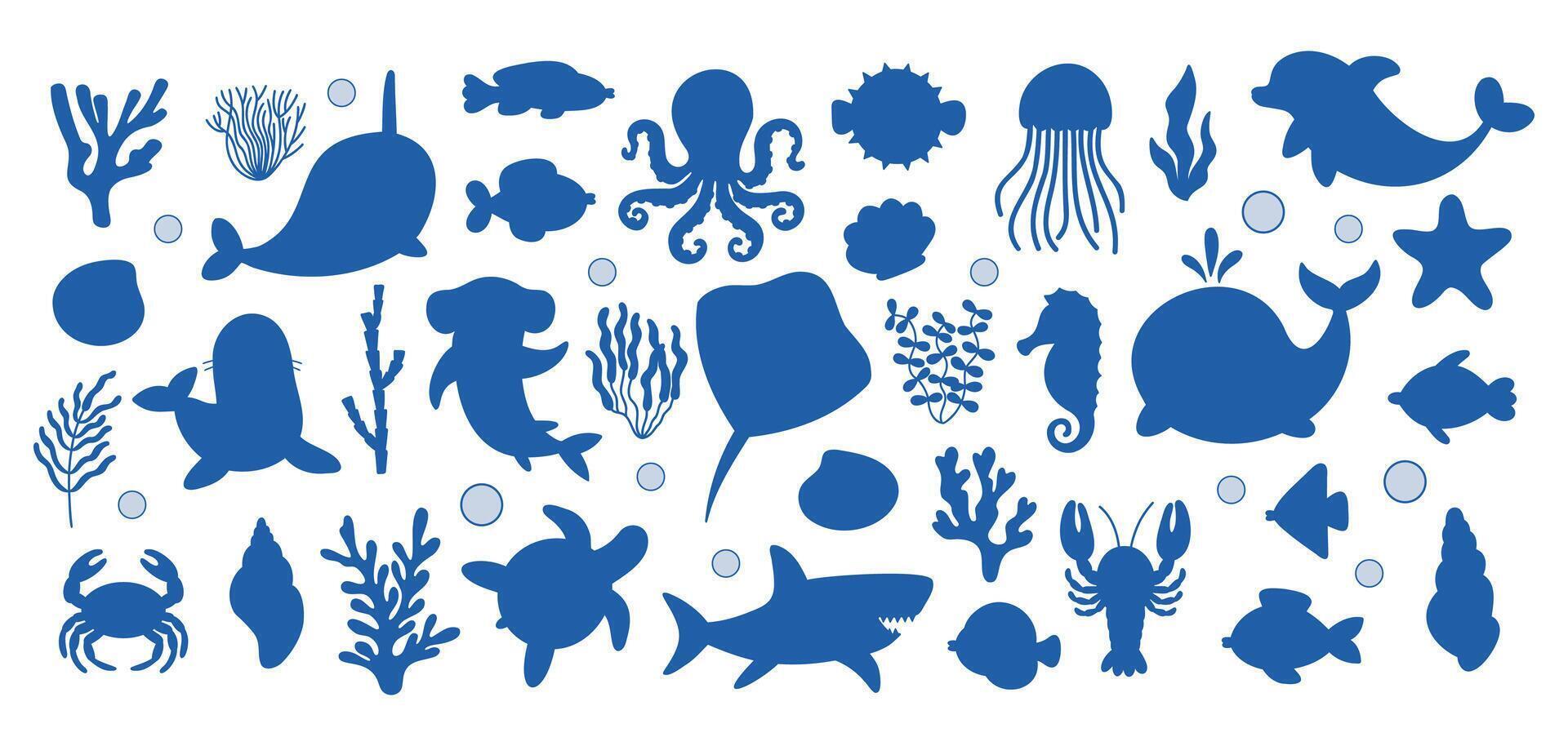 stencil zee leven dieren, schelpen, koralen, zeewier. silhouet oceaan pictogrammen. vlak illustratie vector