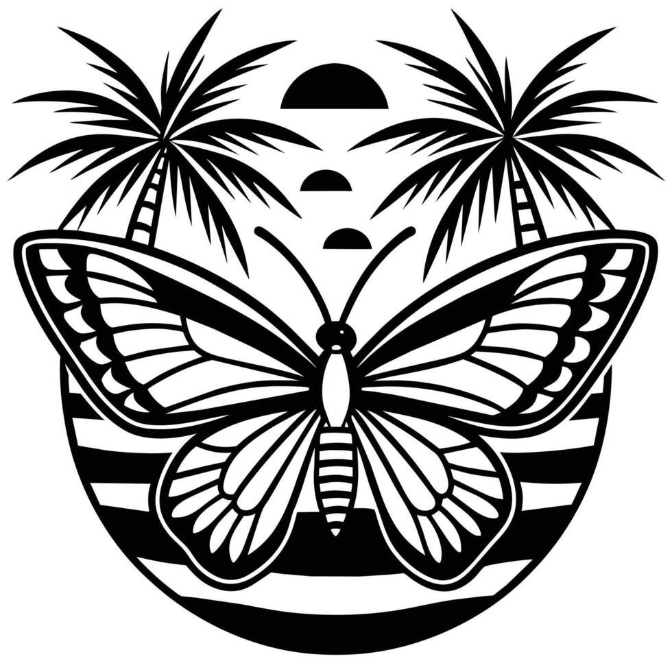 vlinder en palm bomen, zonsondergang t-shirt ontwerp illustratie vector