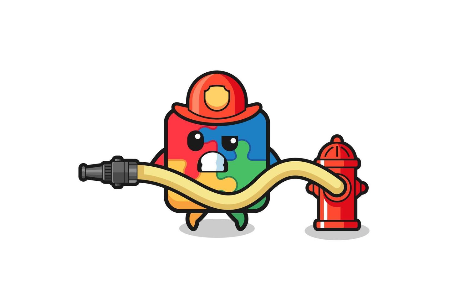 puzzel cartoon als brandweerman mascotte met waterslang vector