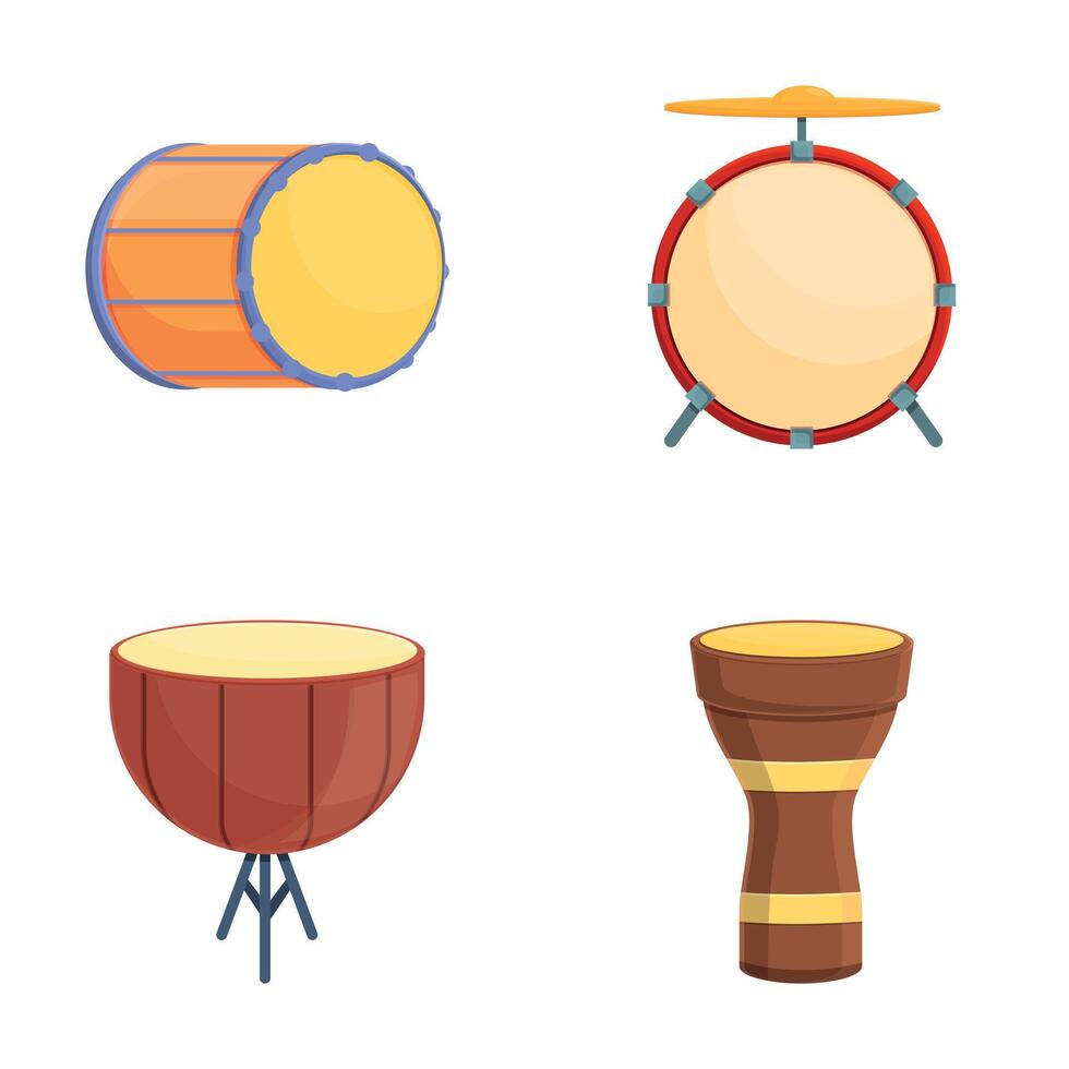 trommel pictogrammen reeks tekenfilm . houten trommel van verschillend stijl en kleur vector