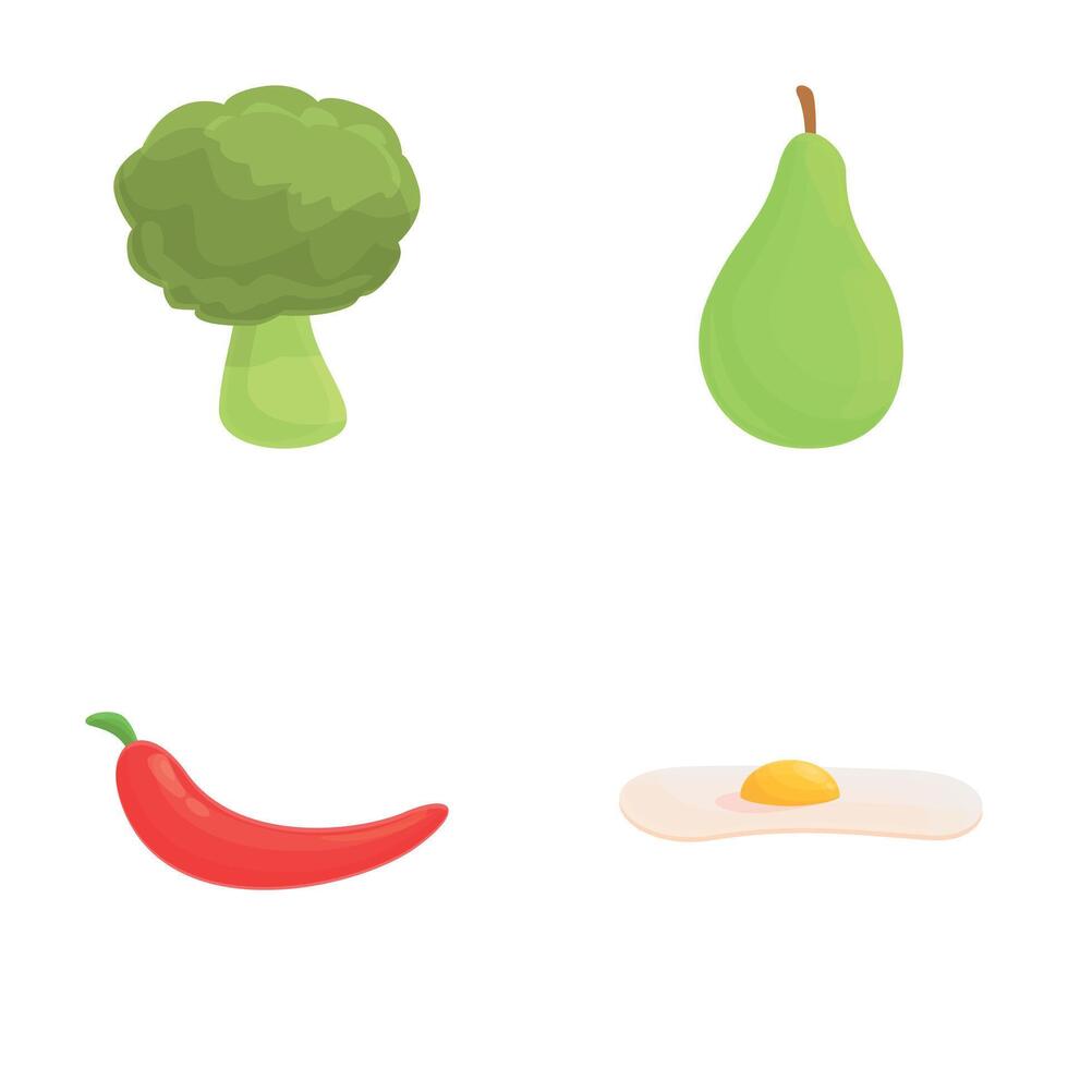 vers voedsel pictogrammen reeks tekenfilm . broccoli door elkaar gegooid ei heet peper en Peer vector