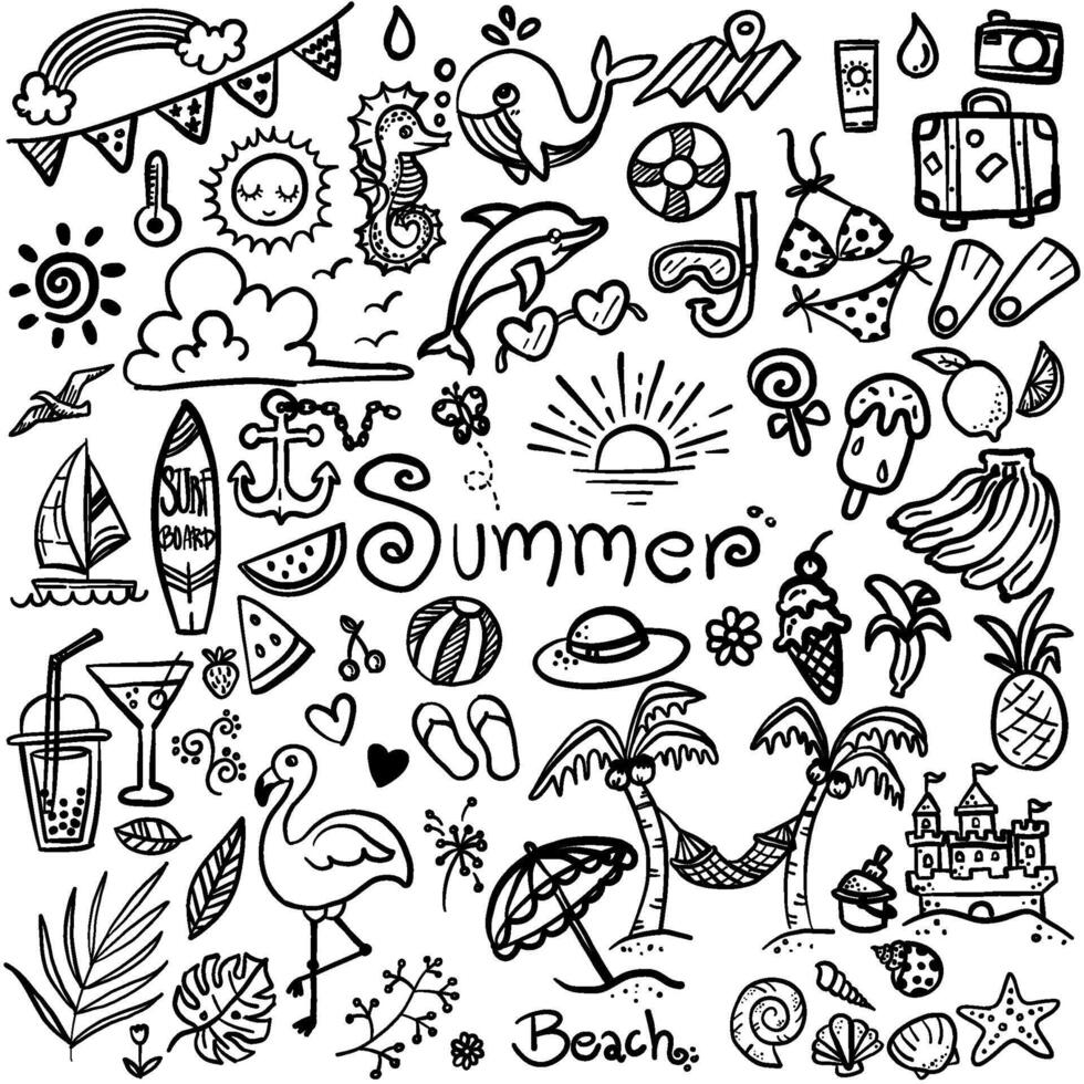 hand- getrokken verzameling van schattig zomer pictogrammen in minimaal stijl vector