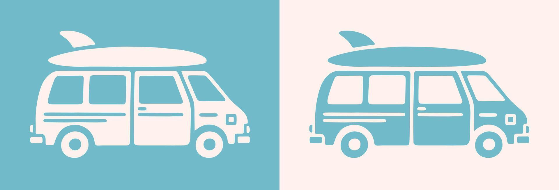 camper busje met surfboard Aan top surfer busje leven vanlife levensstijl surfing logo schattig minimalistische gemakkelijk illustratie kunst tekening icoon boho retro blauw esthetisch afdrukken besnoeiing het dossier vector