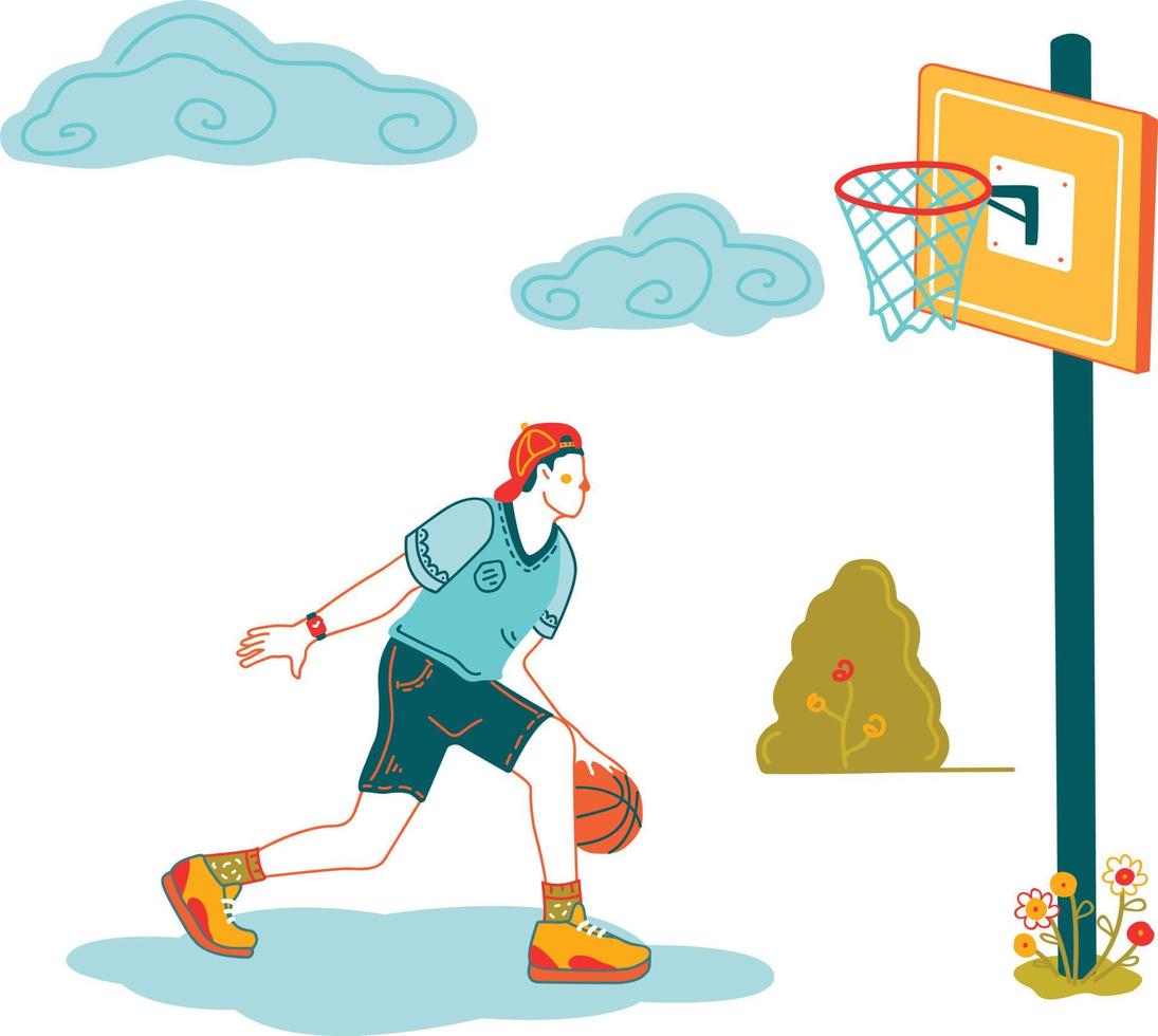 schooljongen die basketbal speelt vector