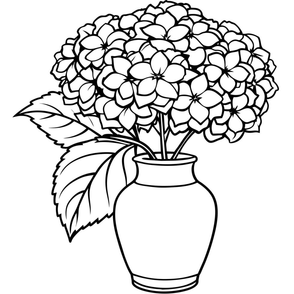 hortensia bloem Aan de vaas schets illustratie kleur boek bladzijde ontwerp, hortensia bloem Aan de vaas zwart en wit lijn kunst tekening kleur boek Pagina's voor kinderen en volwassenen vector