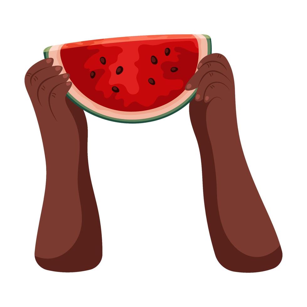 watermeloen in handen. rijp sappig fruit illustratie. helder tekenfilm vlak clip art vector