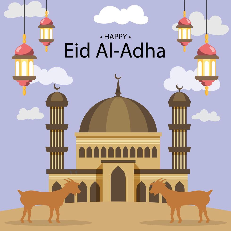 eid al adha Arabisch woord schoonschrift met geit, halve maan maan en moskee. vector