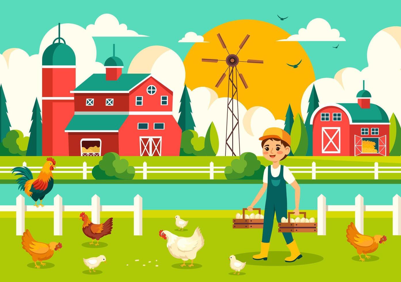 gevogelte boerderij illustratie met kippen, hanen, rietje, kooi en ei Aan landschap van groen veld- in vlak tekenfilm achtergrond ontwerp vector