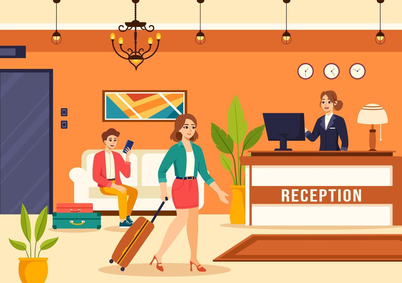 hotel ontvangst interieur illustratie met receptioniste mensen en reizigers voor reservering in vlak tekenfilm achtergrond vector