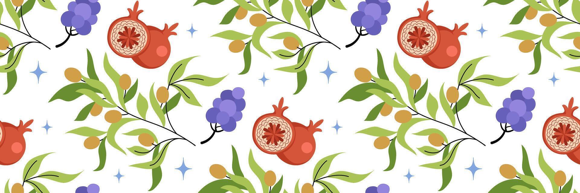 olijf- tak, granaatappel en bundel van druiven naadloos patroon. achtergrond met fruit en bessen. voor behang of kleding stof, verpakking, merk, keuken interieur, menu ontwerp. vlak illustratie. vector