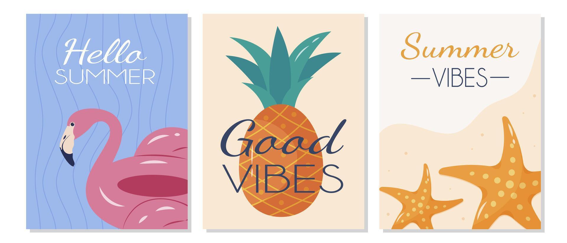 zomer posters zijn reeks met de thema van mooi zo gevoel en positief energie, met ananas, zeesterren, en roze flamingo. het is een illustratie set. vector