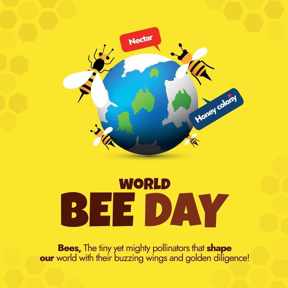 wereld bij dag viering banier, na. 20e mei wereld bij dag conceptuele banier, post met aarde wereldbol en honing bijen Aan het naar tonen de essentieel rol bijen, bestuivers Speel in houden planeet gezond vector