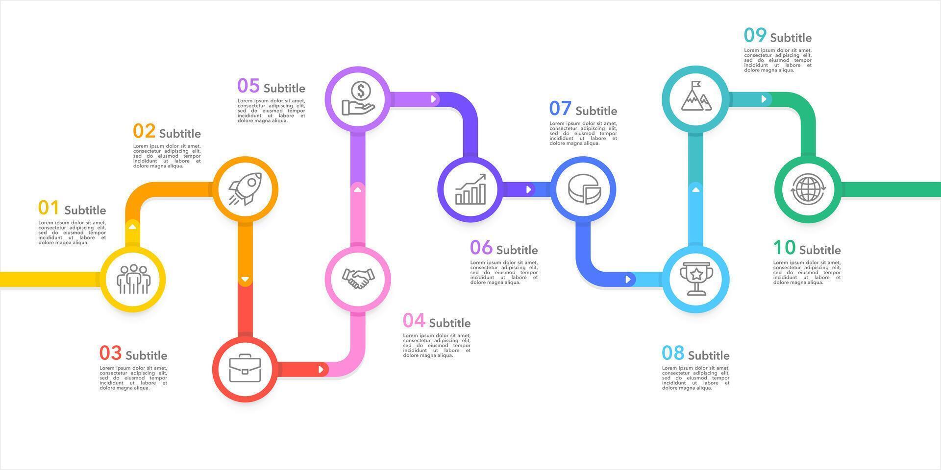 infographic kleurrijk sjabloon. bedrijf tijdlijn van 10 belangrijk bedrijf evenementen jaar- bedrijf presentatie. vector