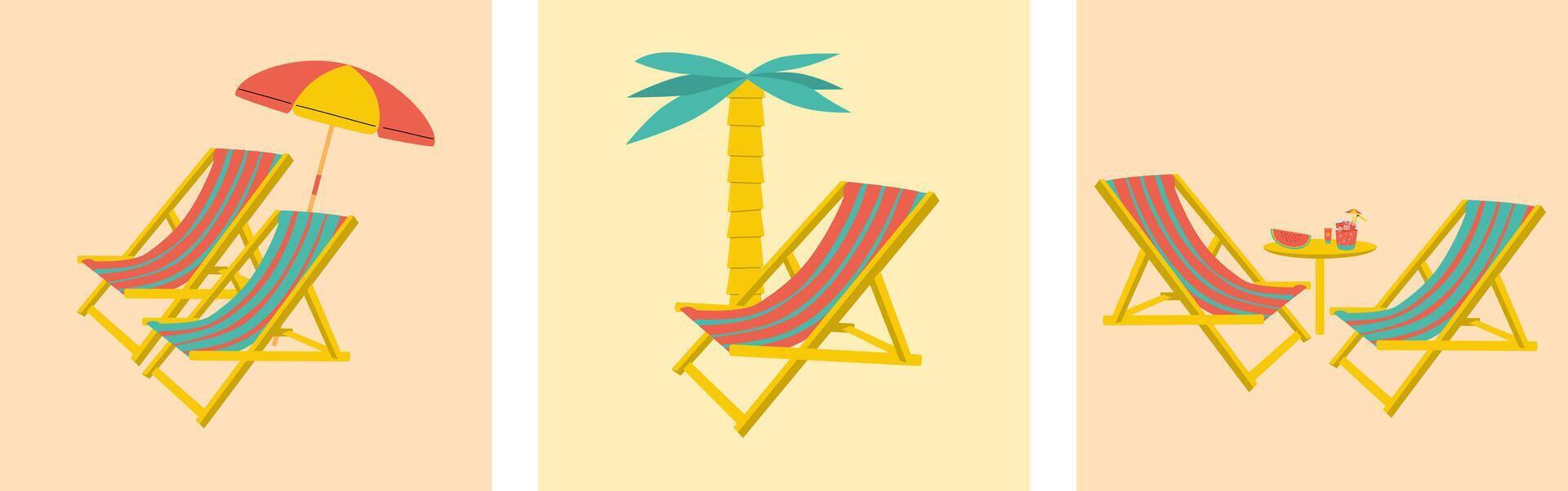ligstoel en paraplu Aan de strand. illustratie vector