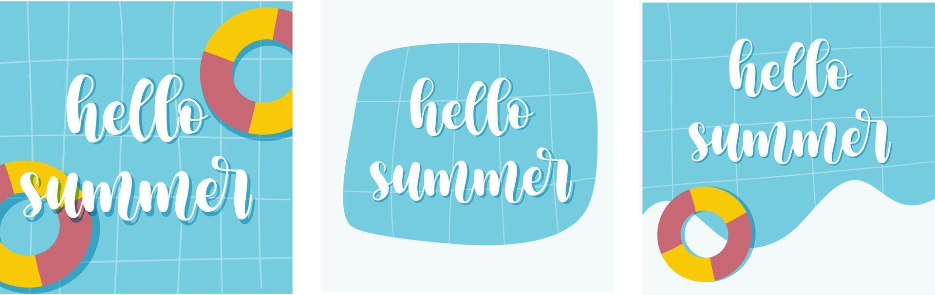 een reeks van illustratie zomer spandoeken. achtergrond met zwembad met zwemmen rubber ringen en tekst Hallo zomer. vector