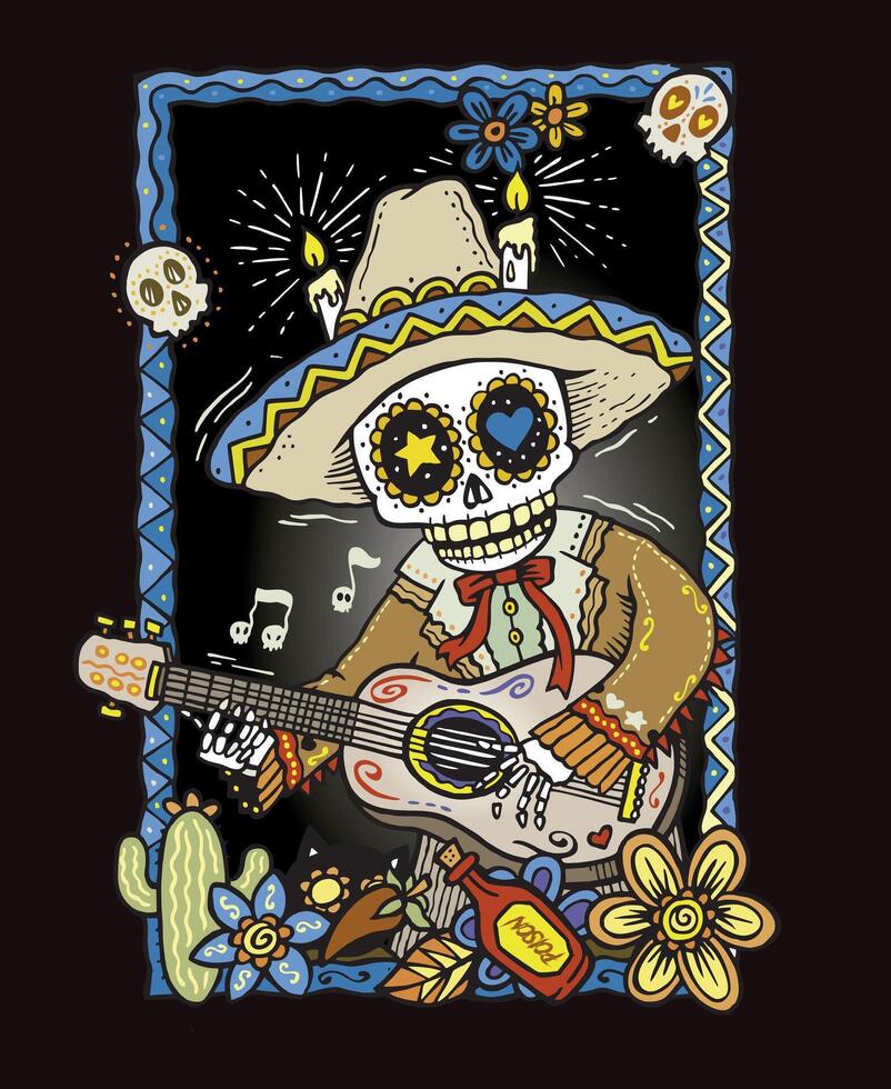 kleurrijk illustratie van schedel in Mexicaans volk stijl spelen gitaar. vector