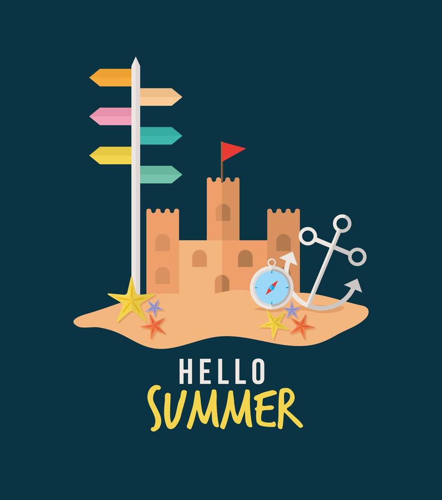 hallo zomer belettering met set zomerpictogrammen op een blauwe achtergrond vector