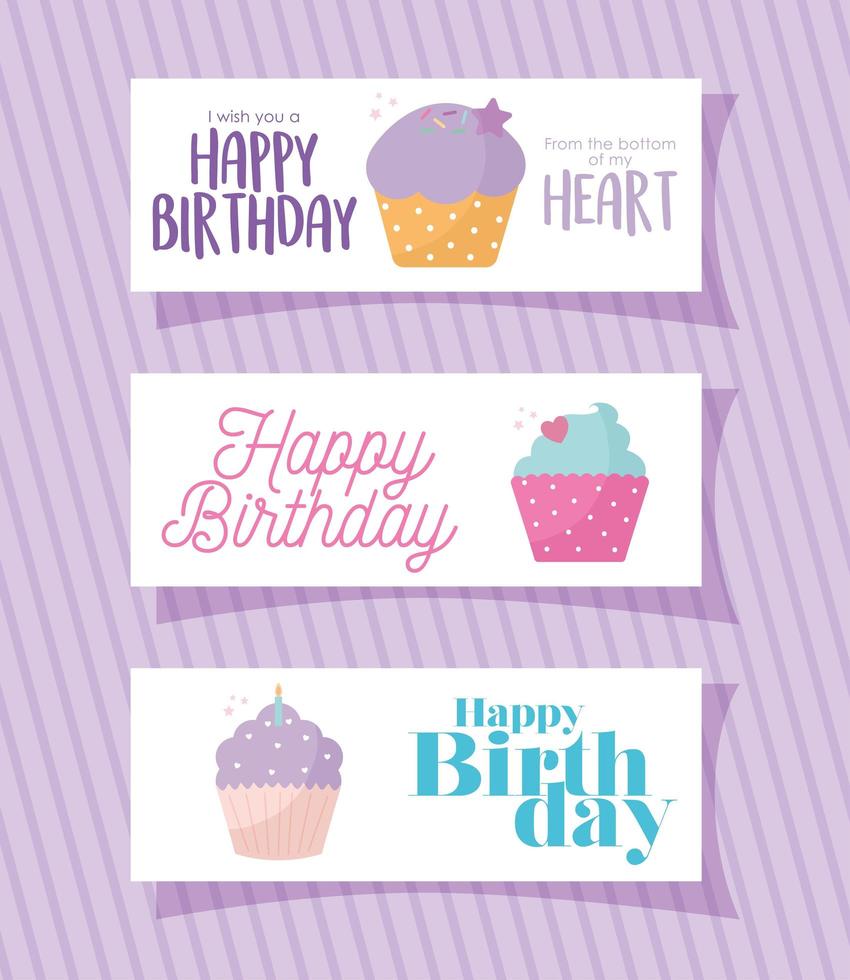 set kaart met cupcakes en gelukkige verjaardagen belettering op een paarse achtergrond vector