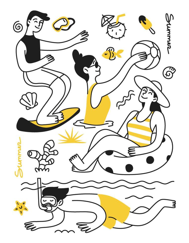 zomer vakantie concept. zomer humeur. mensen, mannen en Dames Aan de strand, in de zee, cocktail, zwemmen cirkel. doodles voor poster, afdrukken, banier vector