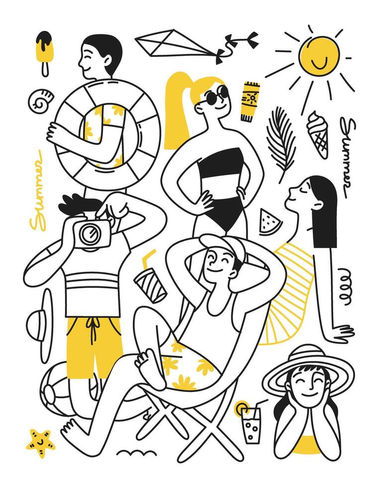 zomer vakantie concept. zomer uitstraling. mensen, mannen en Dames Aan de strand, zon, cocktail, strand hoed, bikini. tekening illustratie voor poster, afdrukken, banier vector