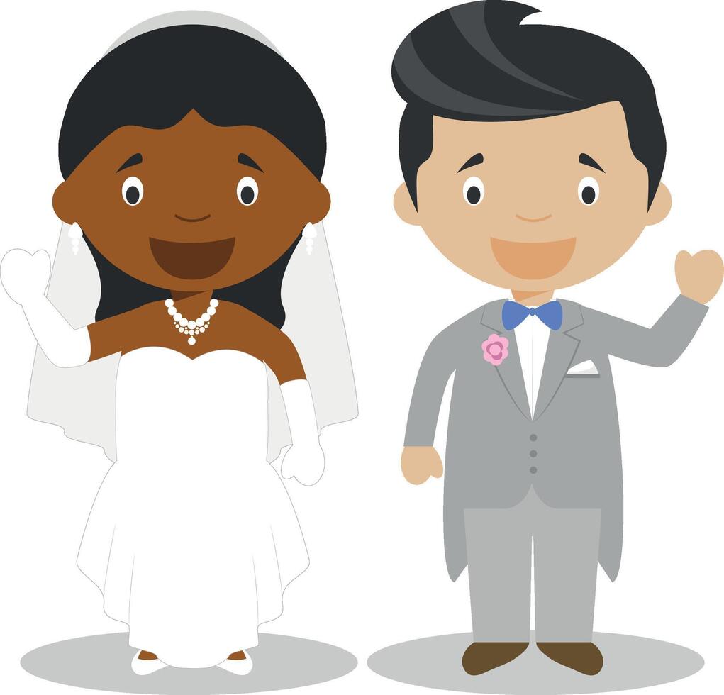 zwart bruid en mestiezen bruidegom interraciaal pasgetrouwde paar in tekenfilm stijl illustratie vector
